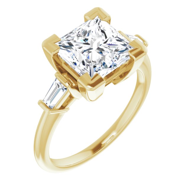 10K Yellow Gold Customizable 3-stone Princess/Square Cut Design with Dual Baguette Accents)
