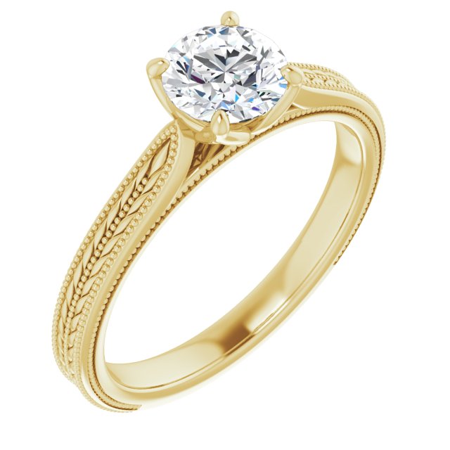 10K Yellow Gold Customizable Round Cut Solitaire with Wheat-inspired Band 