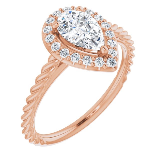 10K Rose Gold Customizable Cathedral-set Pear Cut Design with Halo and Twisty Rope Band