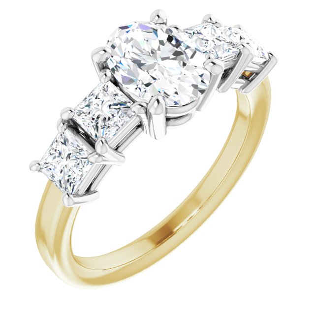 14K Yellow & White Gold Customizable 5-stone Oval Cut Style with Quad Princess-Cut Accents