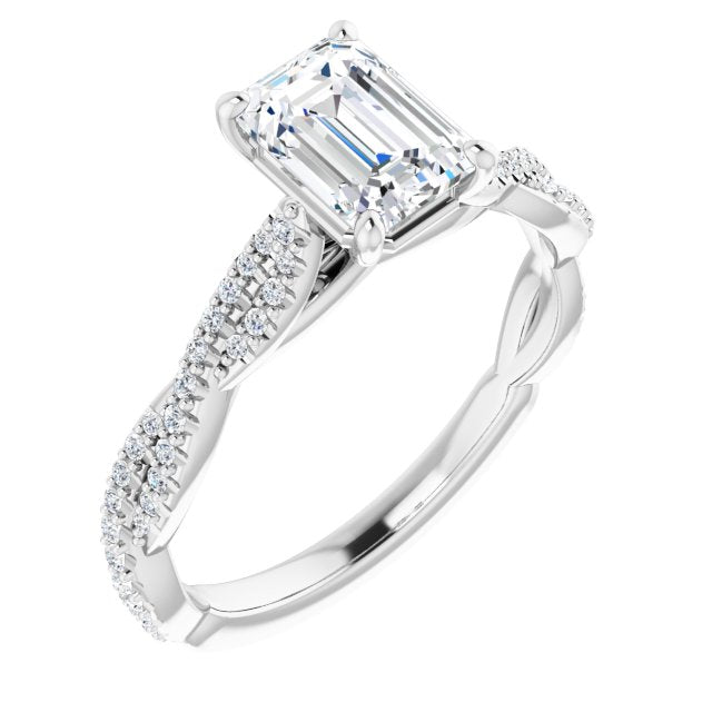 10K White Gold Customizable Emerald/Radiant Cut Style with Thin and Twisted Micropavé Band