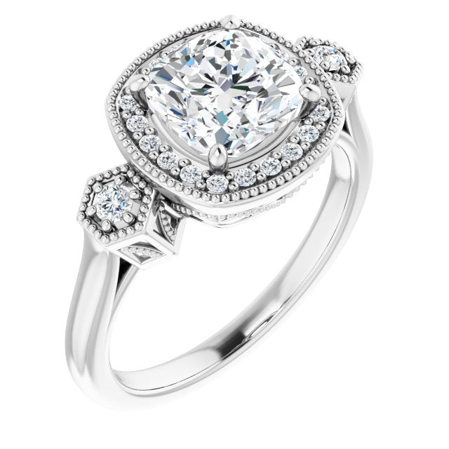 Cubic Zirconia Engagement Ring- The Pacifica (Customizable Cathedral Cushion Cut Design with Halo and Delicate Milgrain)