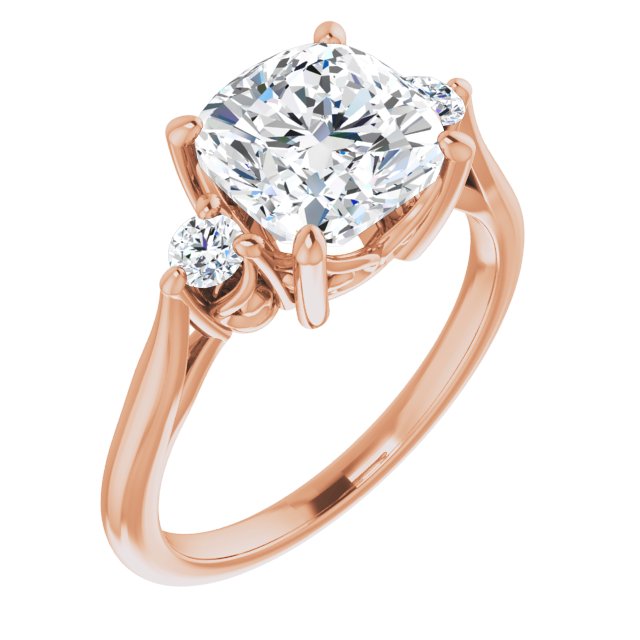10K Rose Gold Customizable Three-stone Cushion Cut Design with Small Round Accents and Vintage Trellis/Basket