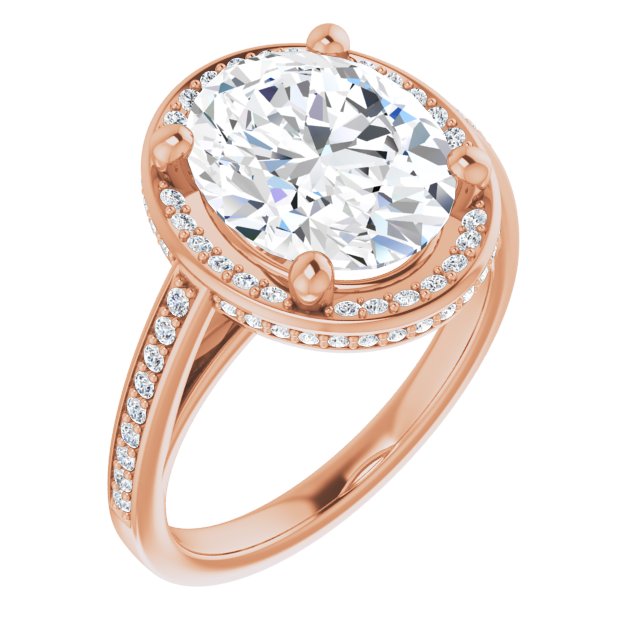 10K Rose Gold Customizable Cathedral-Halo Oval Cut Design with Under-halo & Shared Prong Band