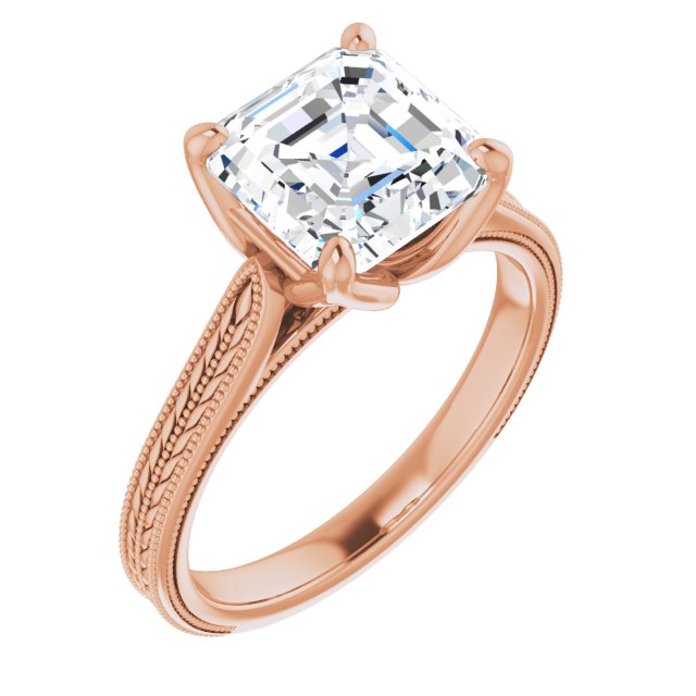 10K Rose Gold Customizable Asscher Cut Solitaire with Wheat-inspired Band 
