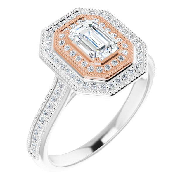 14K White & Rose Gold Customizable Emerald/Radiant Cut Design with Elegant Double Halo, Houndstooth Milgrain and Band-Channel Accents