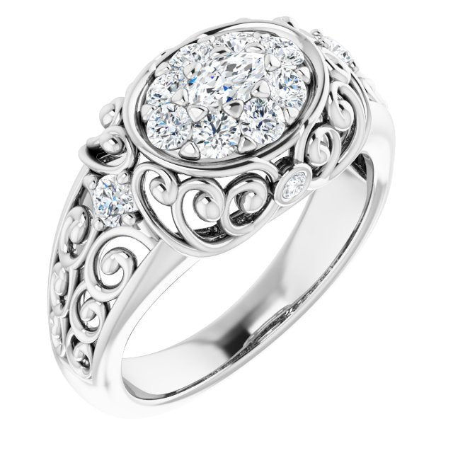 10K White Gold Customizable Marquise Cut Halo Style with Round Prong Side Stones and Intricate Metalwork
