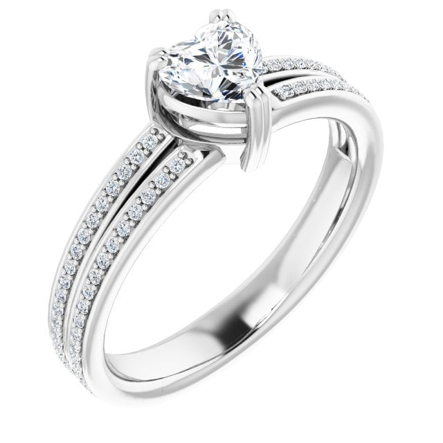 10K White Gold Customizable Heart Cut Center with 100-stone* "Waterfall" Pavé Split Band