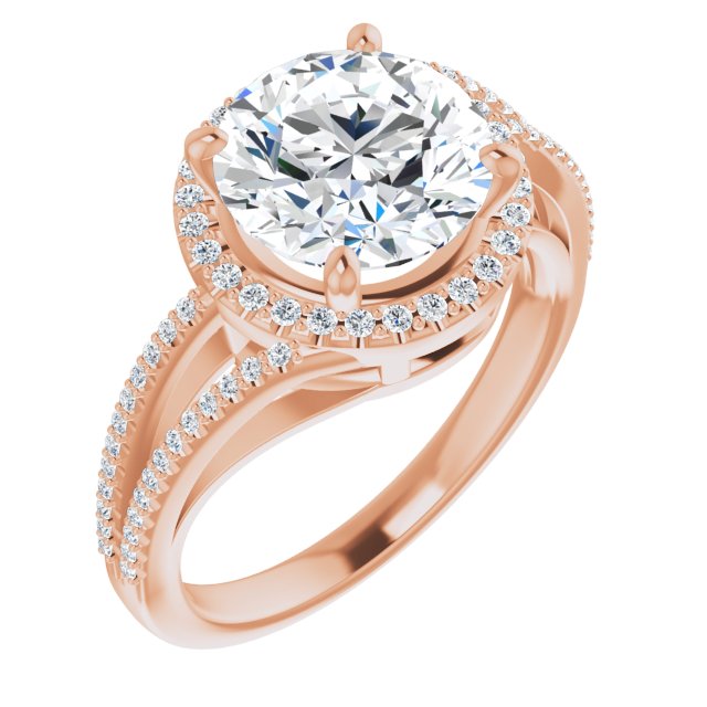 10K Rose Gold Customizable Round Cut Vintage Design with Halo Style and Asymmetrical Split-Pavé Band