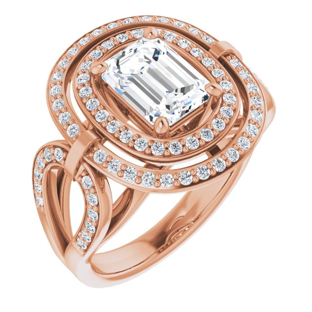 Cubic Zirconia Engagement Ring- The Daksha (Customizable Cathedral-set Radiant Cut Design with Double Halo & Accented Ultra-wide Horseshoe-inspired Split Band)