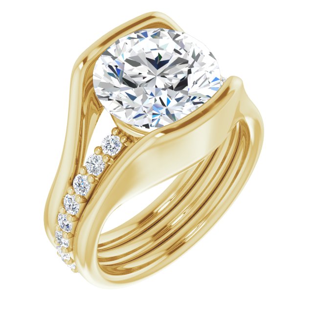 10K Yellow Gold Customizable Bezel-set Round Cut Style with Thick Pavé Band