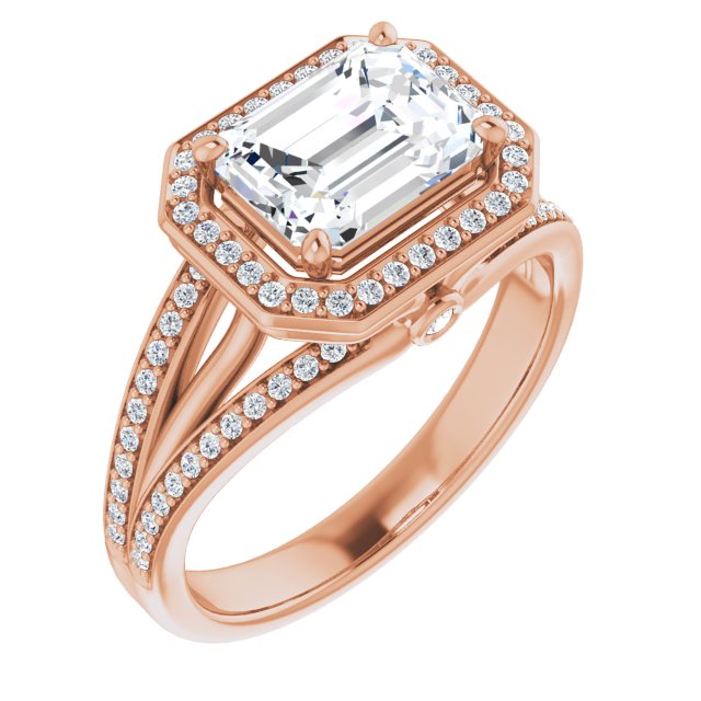 Cubic Zirconia Engagement Ring- The Hanna Jo (Customizable High-set Emerald Cut Design with Halo, Wide Tri-Split Shared Prong Band and Round Bezel Peekaboo Accents)