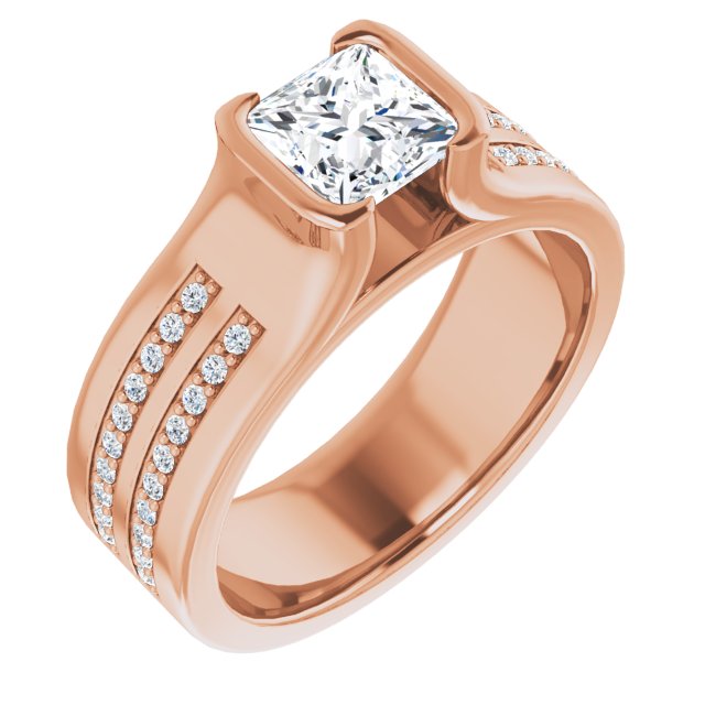 10K Rose Gold Customizable Bezel-set Princess/Square Cut Design with Thick Band featuring Double-Row Shared Prong Accents