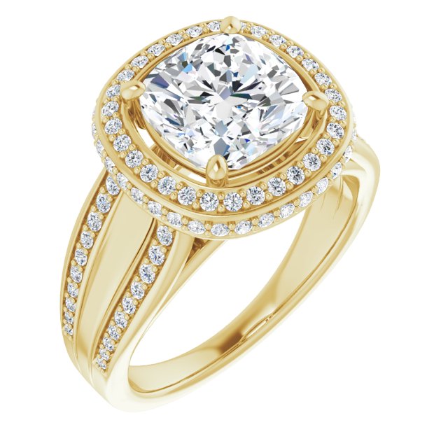 10K Yellow Gold Customizable Halo-style Cushion Cut with Under-halo & Ultra-wide Band