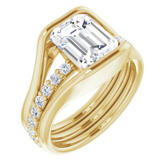 10K Yellow Gold Customizable Bezel-set Emerald/Radiant Cut Style with Thick Pavé Band