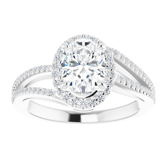 Cubic Zirconia Engagement Ring- The Claudette (Customizable Oval Cut Vintage Design with Halo Style and Asymmetrical Split-Pavé Band)