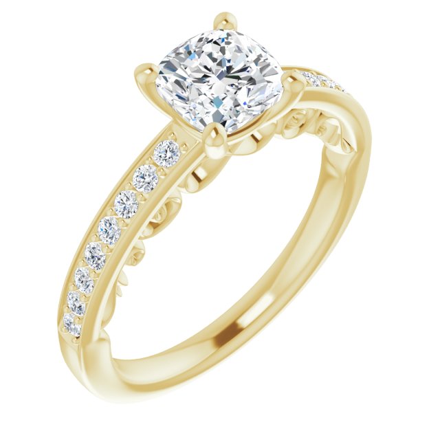 10K Yellow Gold Customizable Cushion Cut Design featuring 3-Sided Infinity Trellis and Round-Channel Accented Band