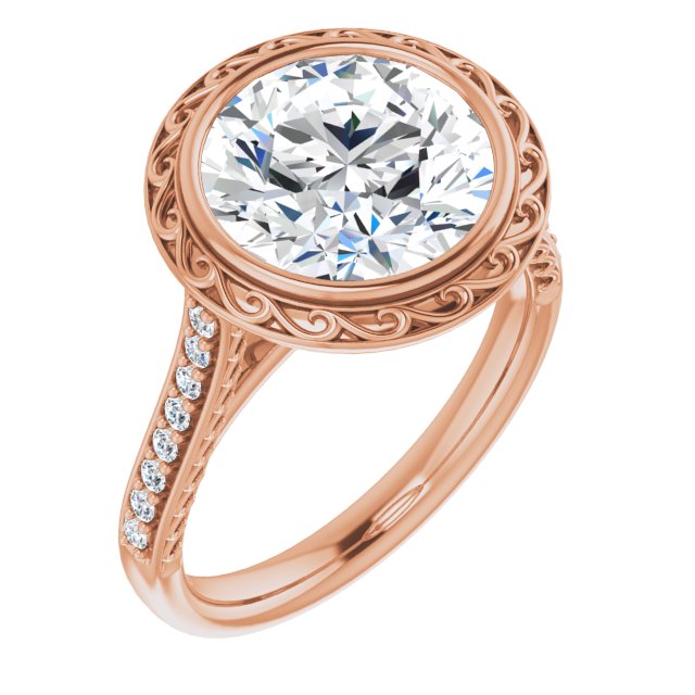 10K Rose Gold Customizable Cathedral-Bezel Round Cut Design featuring Accented Band with Filigree Inlay