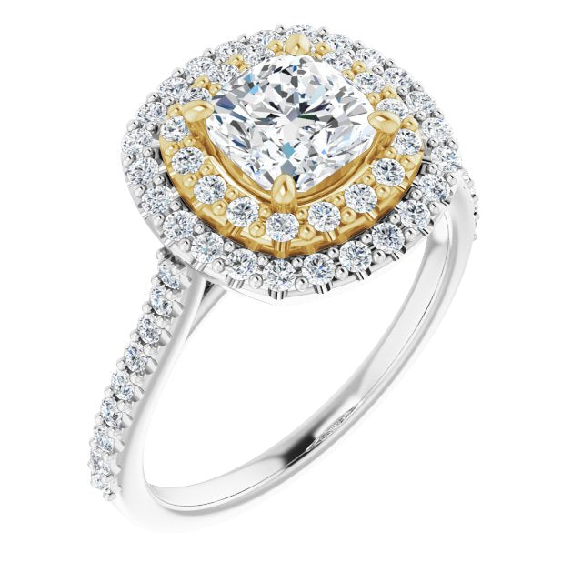 14K White & Yellow Gold Customizable Double-Halo Cushion Cut Design with Accented Split Band