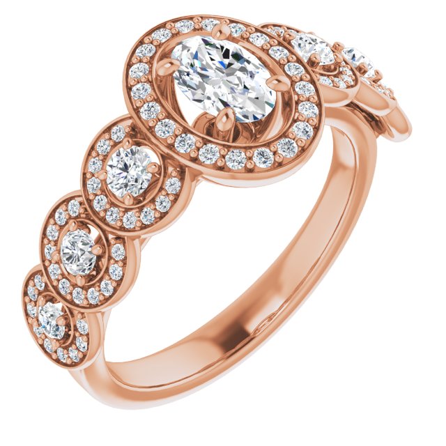 10K Rose Gold Customizable Cathedral-set Oval Cut 7-stone style Enhanced with 7 Halos