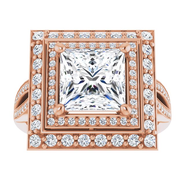 Cubic Zirconia Engagement Ring- The Henrika (Customizable Cathedral-style Princess/Square Cut Design with Double Halo & Split-Pavé Band)
