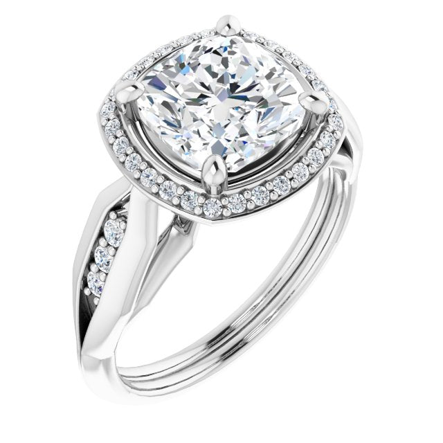 10K White Gold Customizable Cathedral-raised Cushion Cut Design with Halo and Tri-Cluster Band Accents