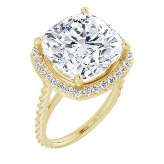 10K Yellow Gold Customizable Cathedral-set Cushion Cut Design with Halo and Twisty Rope Band