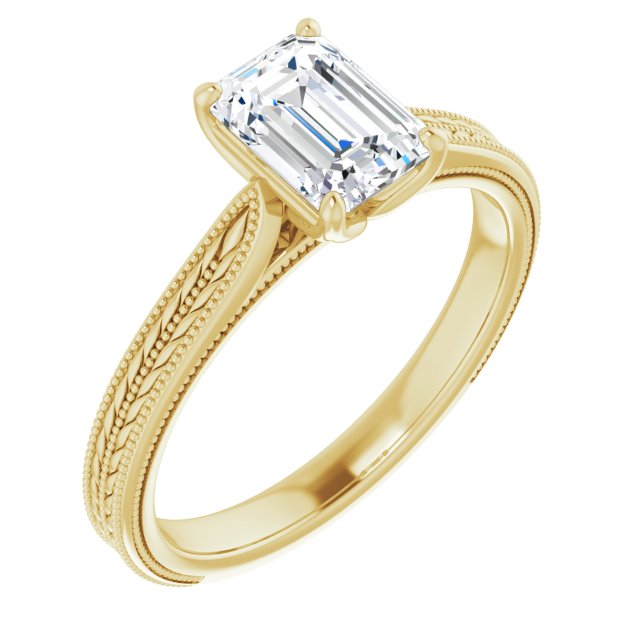 10K Yellow Gold Customizable Emerald/Radiant Cut Solitaire with Wheat-inspired Band 