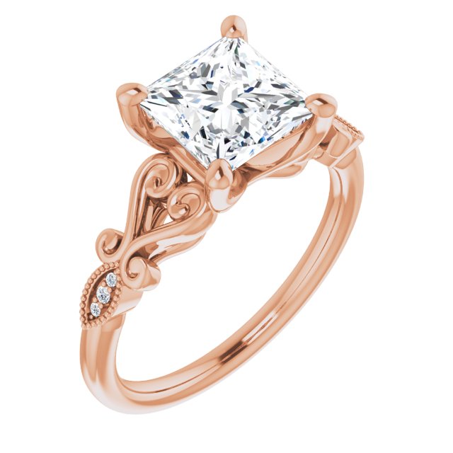10K Rose Gold Customizable 7-stone Design with Princess/Square Cut Center Plus Sculptural Band and Filigree