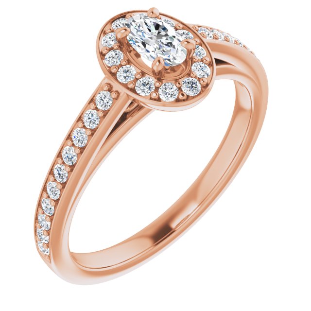 10K Rose Gold Customizable Oval Cut Style with Halo and Sculptural Trellis