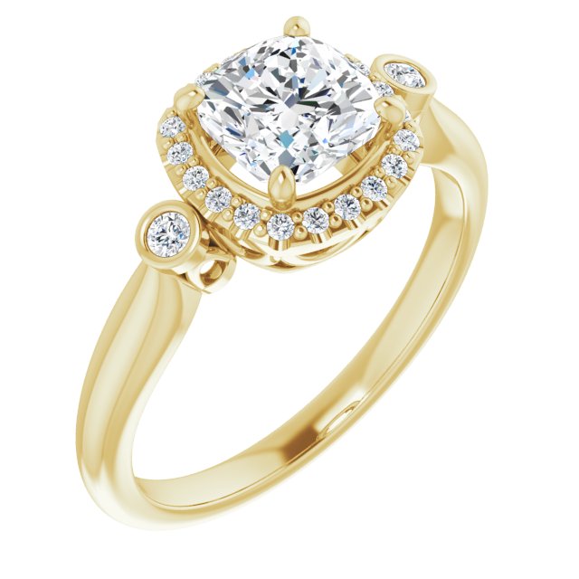 10K Yellow Gold Customizable Cushion Cut Style with Halo and Twin Round Bezel Accents