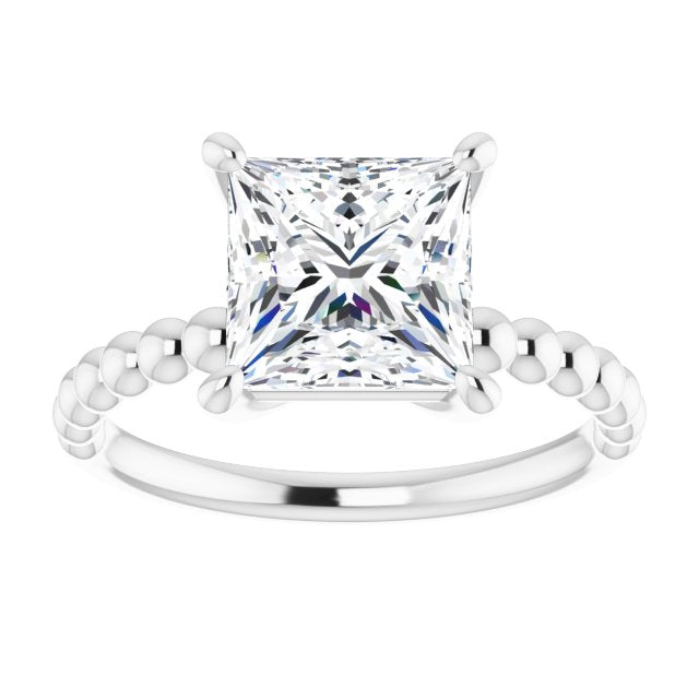 Cubic Zirconia Engagement Ring- The Hattie (Customizable Princess/Square Cut Solitaire with Thin Beaded-Bubble Band)