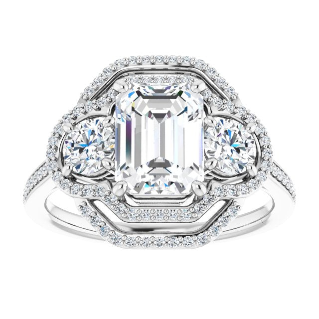 Cubic Zirconia Engagement Ring- The e'Mariana (Customizable Enhanced 3-stone Double-Halo Style with Radiant Cut Center and Thin Band)