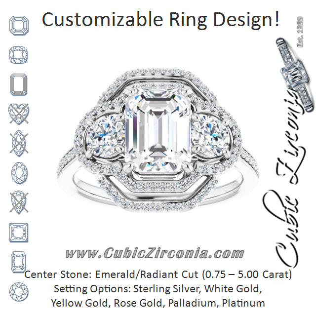 Cubic Zirconia Engagement Ring- The e'Mariana (Customizable Enhanced 3-stone Double-Halo Style with Radiant Cut Center and Thin Band)