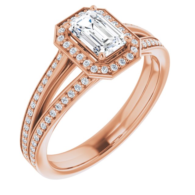 10K Rose Gold Customizable Emerald/Radiant Cut Design with Split-Band Shared Prong & Halo