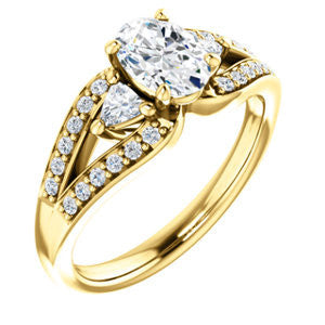 Cubic Zirconia Engagement Ring- The Karen (Customizable Enhanced 3-stone Design with Oval Cut Center, Dual Trillion Accents and Wide Pavé-Split Band)