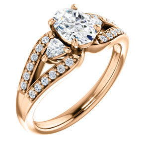 Cubic Zirconia Engagement Ring- The Karen (Customizable Enhanced 3-stone Design with Oval Cut Center, Dual Trillion Accents and Wide Pavé-Split Band)