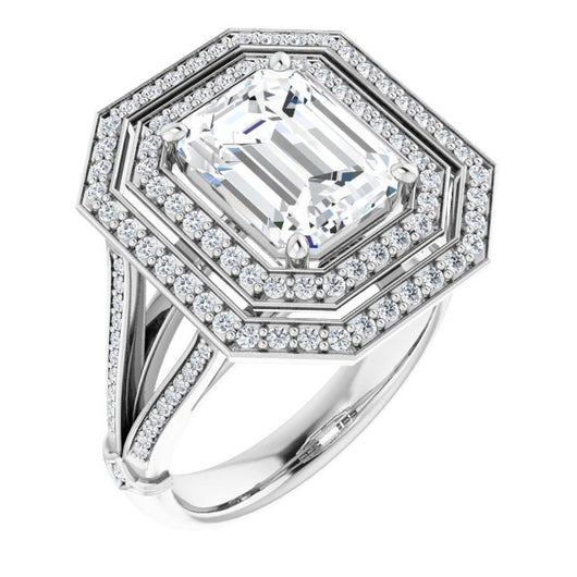 10K White Gold Customizable Cathedral-set Emerald/Radiant Cut Design with Double Halo, Wide Split-Shared Prong Band and Side Knuckle Accents