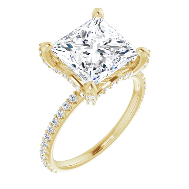 10K Yellow Gold Customizable Princess/Square Cut Design with Round-Accented Band, Micropav? Under-Halo and Decorative Prong Accents)