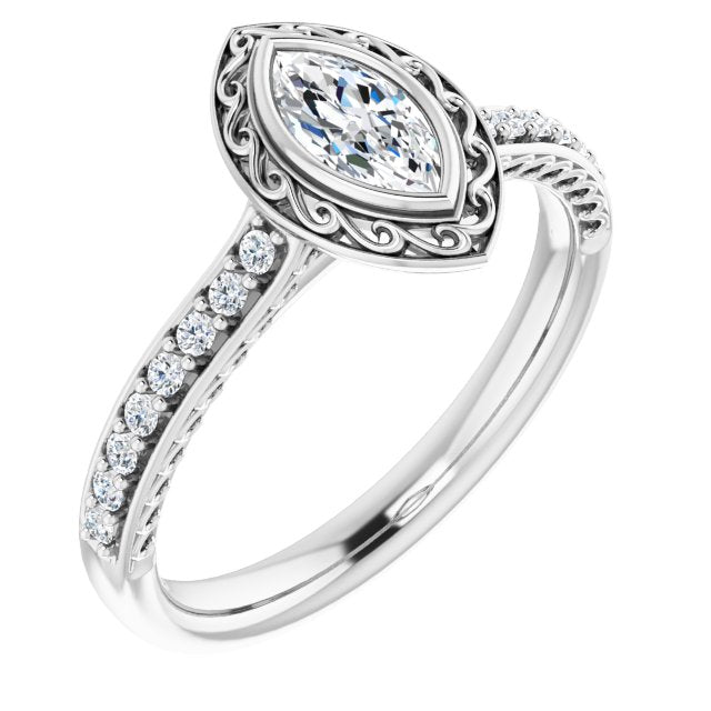 10K White Gold Customizable Cathedral-Bezel Marquise Cut Design featuring Accented Band with Filigree Inlay