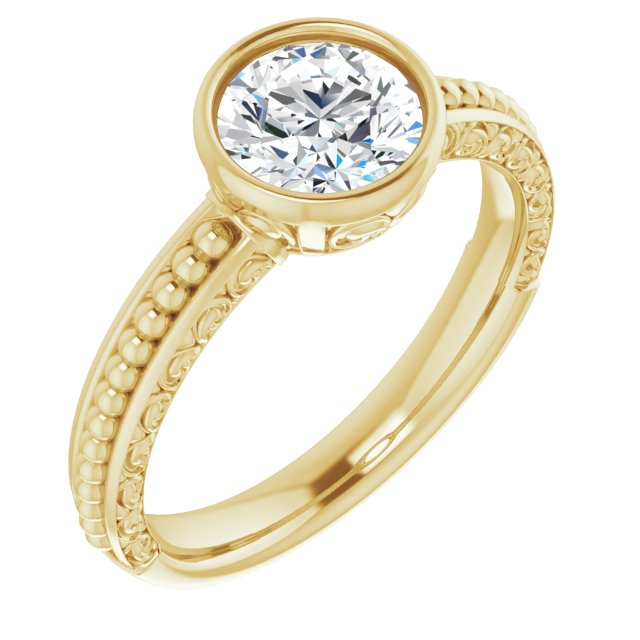 10K Yellow Gold Customizable Bezel-set Round Cut Solitaire with Beaded and Carved Three-sided Band