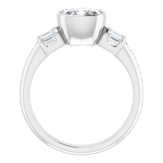Cubic Zirconia Engagement Ring- The Danna (Customizable Cathedral-Bezel Cushion Cut Style with Horizontal Baguettes & Shared Prong Band)