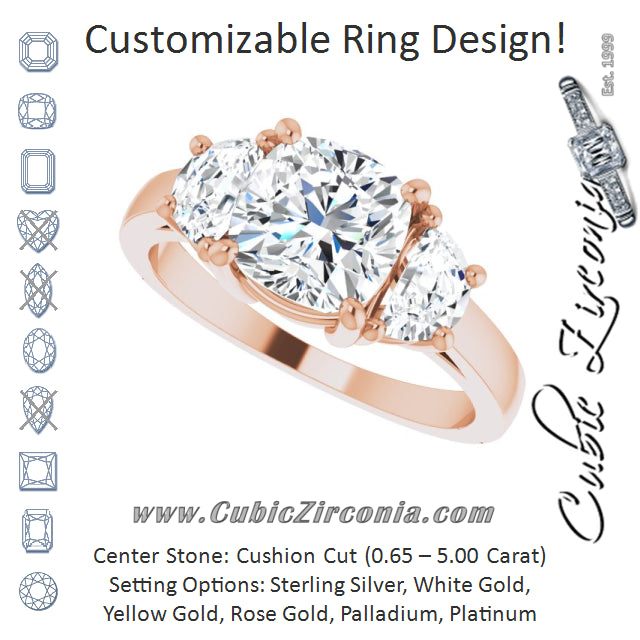 Cubic Zirconia Engagement Ring- The Bree (Customizable 3-stone Design with Cushion Cut Center and Half-moon Side Stones)