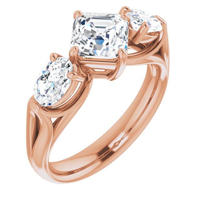 10K Rose Gold Customizable Cathedral-set 3-stone Asscher Cut Style with Dual Oval Cut Accents & Wide Split Band