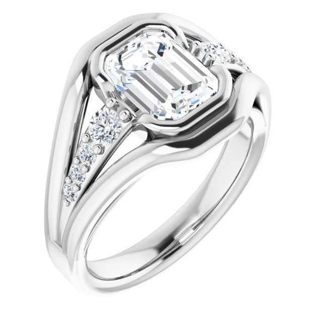 Cubic Zirconia Engagement Ring- The Naira (Customizable 9-stone Emerald Cut Design with Bezel Center, Wide Band and Round Prong Side Stones)