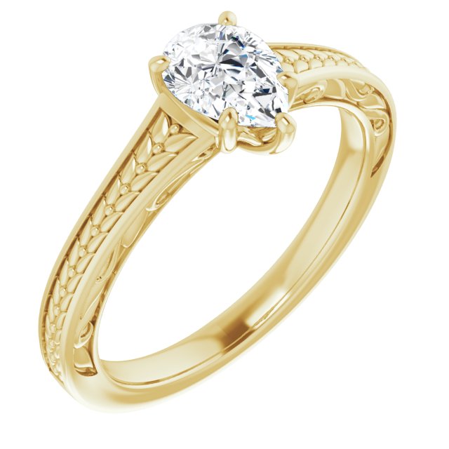 10K Yellow Gold Customizable Pear Cut Solitaire with Organic Textured Band and Decorative Prong Basket