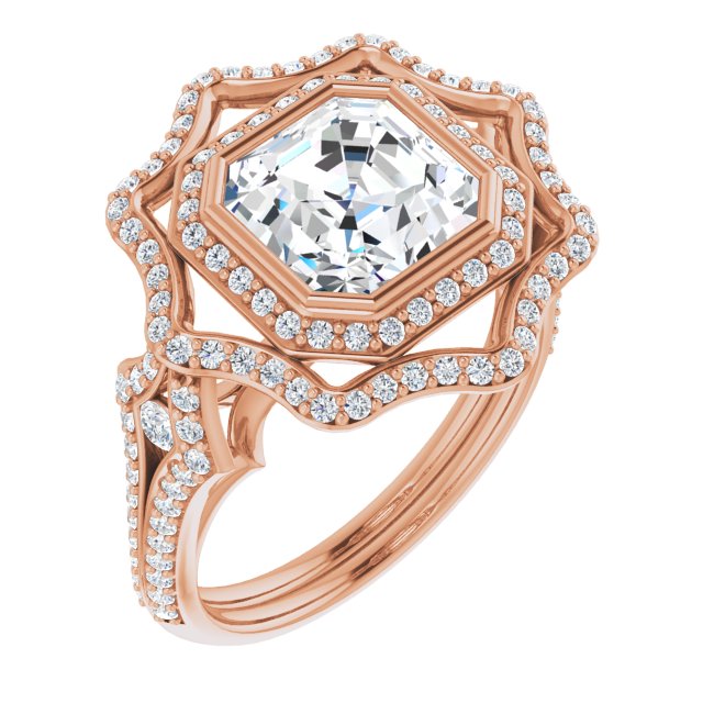 10K Rose Gold Customizable Asscher Cut Style with Ultra-wide Pavé Split-Band and Nature-Inspired Double Halo