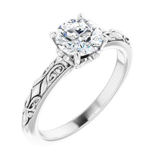 10K White Gold Customizable Round Cut Solitaire featuring Delicate Metal Scrollwork