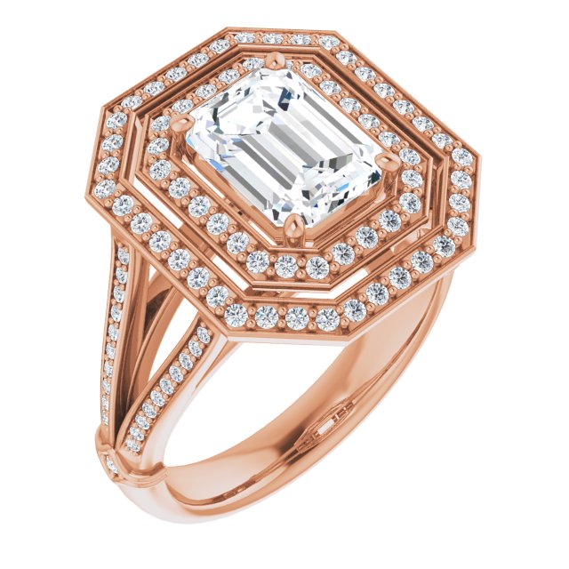 Cubic Zirconia Engagement Ring- The Chaunte (Customizable Cathedral-set Emerald Cut Design with Double Halo, Wide Split-Shared Prong Band and Side Knuckle Accents)