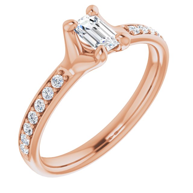 10K Rose Gold Customizable Heavy Prong-Set Emerald/Radiant Cut Style with Round Cut Band Accents